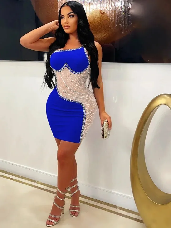 Wenkouban-Christmas Thanksgiving Gift New Year's Eve Dress party look inspos back to school dress  Rhinestone Mesh Cutout One Shoulder Mini Dress