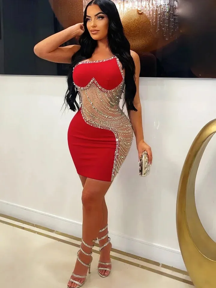 Wenkouban-Christmas Thanksgiving Gift New Year's Eve Dress party look inspos back to school dress  Rhinestone Mesh Cutout One Shoulder Mini Dress