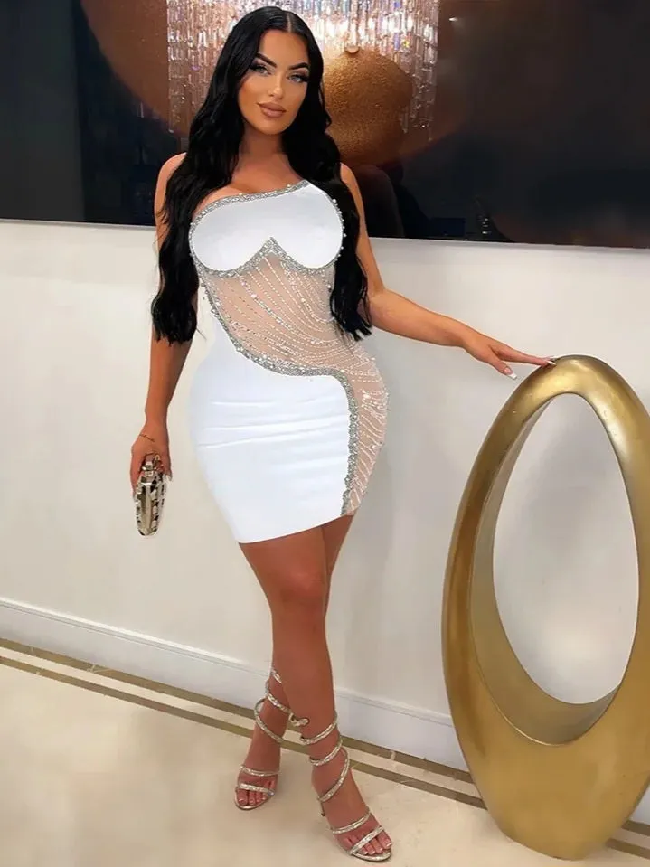 Wenkouban-Christmas Thanksgiving Gift New Year's Eve Dress party look inspos back to school dress  Rhinestone Mesh Cutout One Shoulder Mini Dress