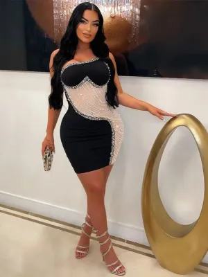 Wenkouban-Christmas Thanksgiving Gift New Year's Eve Dress party look inspos back to school dress  Rhinestone Mesh Cutout One Shoulder Mini Dress