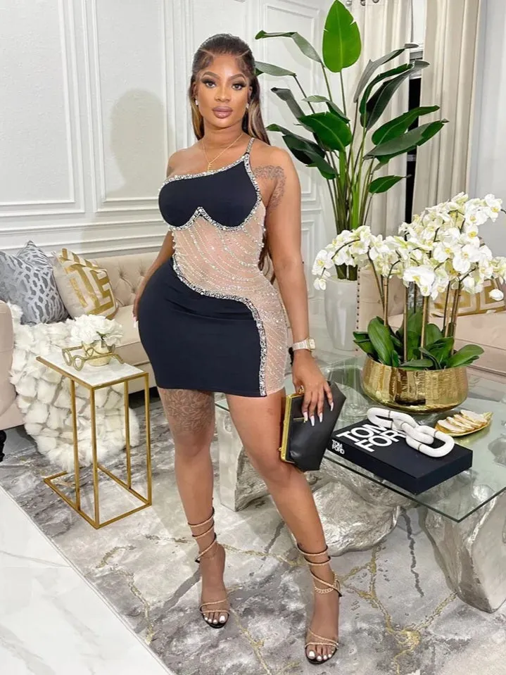 Wenkouban-Christmas Thanksgiving Gift New Year's Eve Dress party look inspos back to school dress  Rhinestone Mesh Cutout One Shoulder Mini Dress