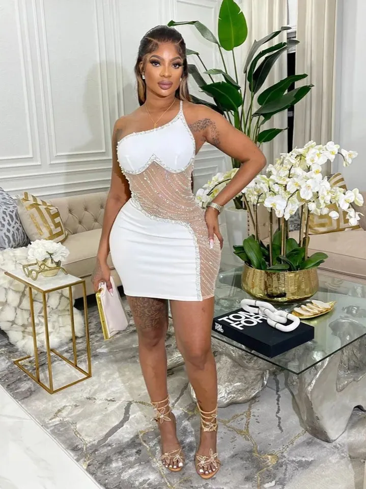 Wenkouban-Christmas Thanksgiving Gift New Year's Eve Dress party look inspos back to school dress  Rhinestone Mesh Cutout One Shoulder Mini Dress