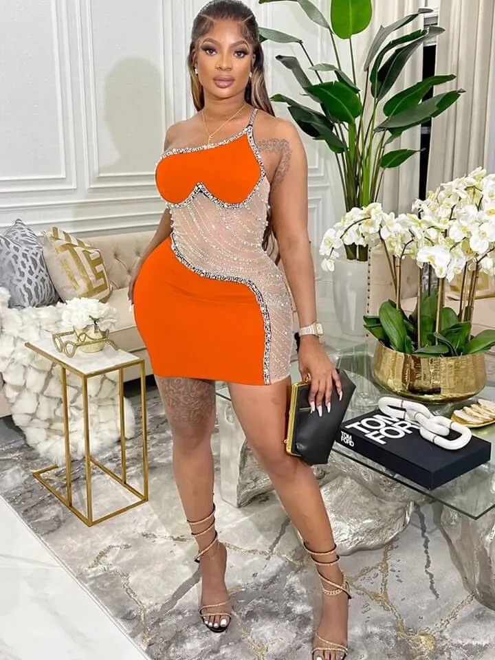 Wenkouban-Christmas Thanksgiving Gift New Year's Eve Dress party look inspos back to school dress  Rhinestone Mesh Cutout One Shoulder Mini Dress