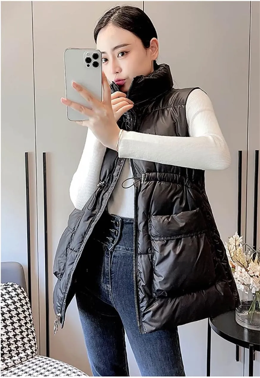 Winter Vest for Women Solid Short Cotton Padded Stand Collar Women's Winter Sleeveless Waistcoat Jacket