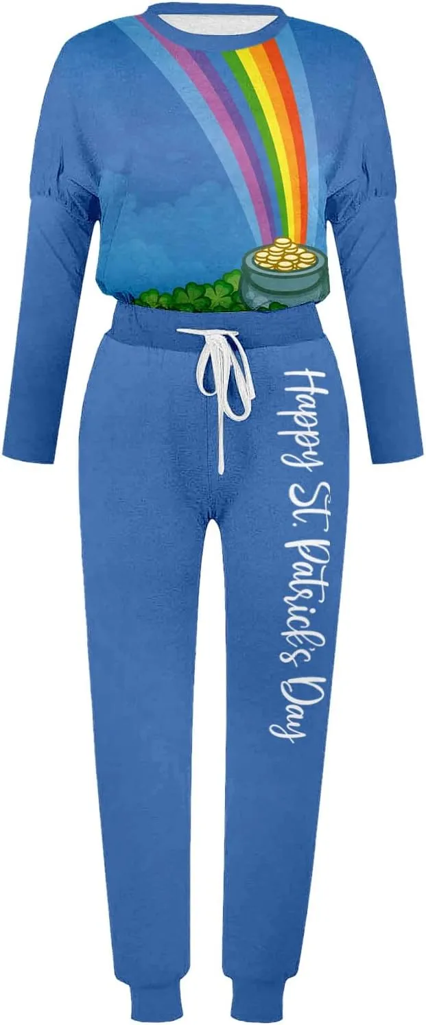 Women Casual Autumn and Winter Fashion Printed Round Neck Long Sleeve Pocket Drawstring Elastic Waist Pants Fuzzy
