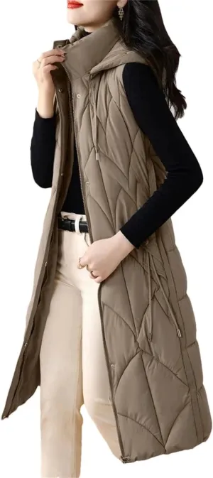 Women Down Cotton Vest Cotton-Padded Long Overcoat Hooded Waistcoat