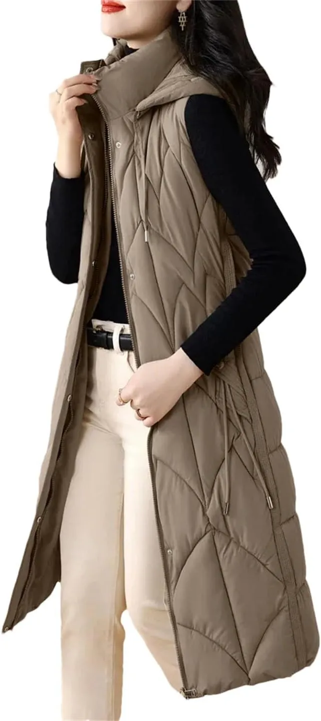 Women Down Cotton Vest Cotton-Padded Long Overcoat Hooded Waistcoat