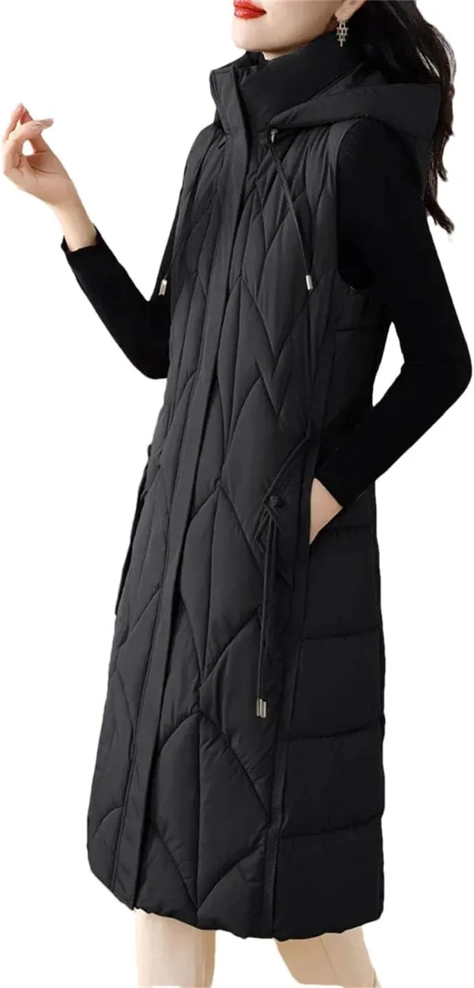 Women Down Cotton Vest Cotton-Padded Long Overcoat Hooded Waistcoat