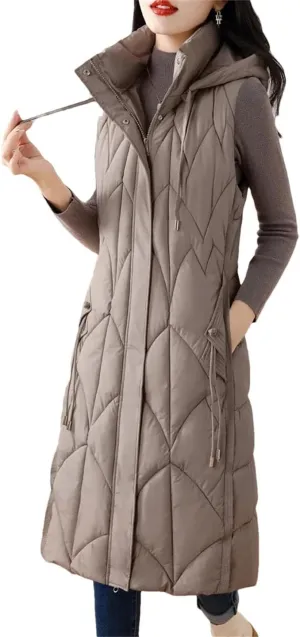 Women Down Cotton Vest Cotton-Padded Long Overcoat Hooded Waistcoat