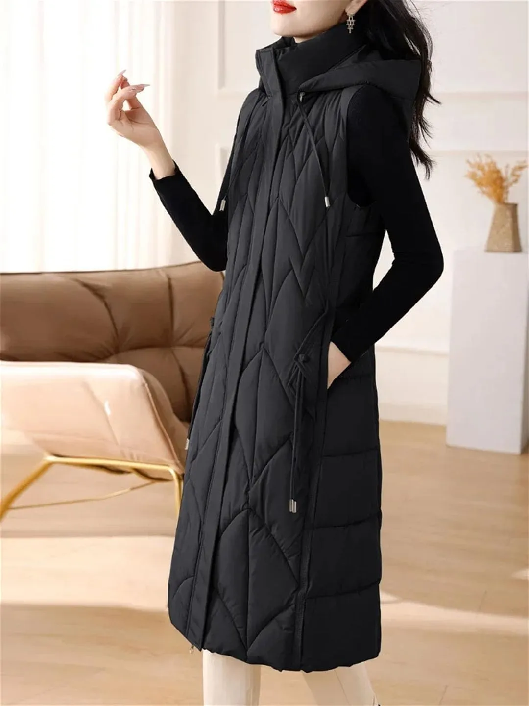 Women Down Cotton Vest Cotton-Padded Long Overcoat Hooded Waistcoat