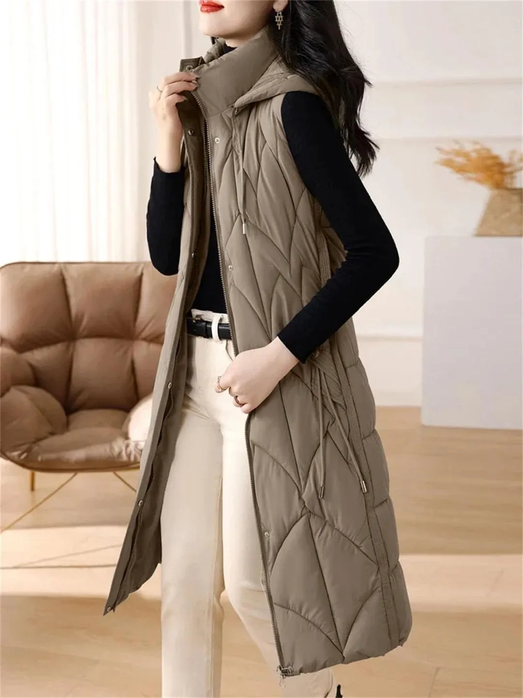 Women Down Cotton Vest Cotton-Padded Long Overcoat Hooded Waistcoat