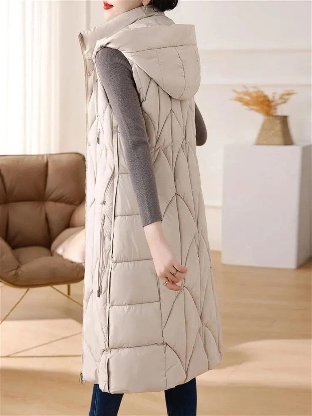 Women Down Cotton Vest Cotton-Padded Long Overcoat Hooded Waistcoat