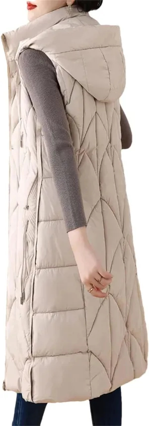 Women Down Cotton Vest Cotton-Padded Long Overcoat Hooded Waistcoat