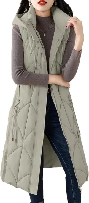 Women Down Cotton Vest Cotton-Padded Long Overcoat Hooded Waistcoat