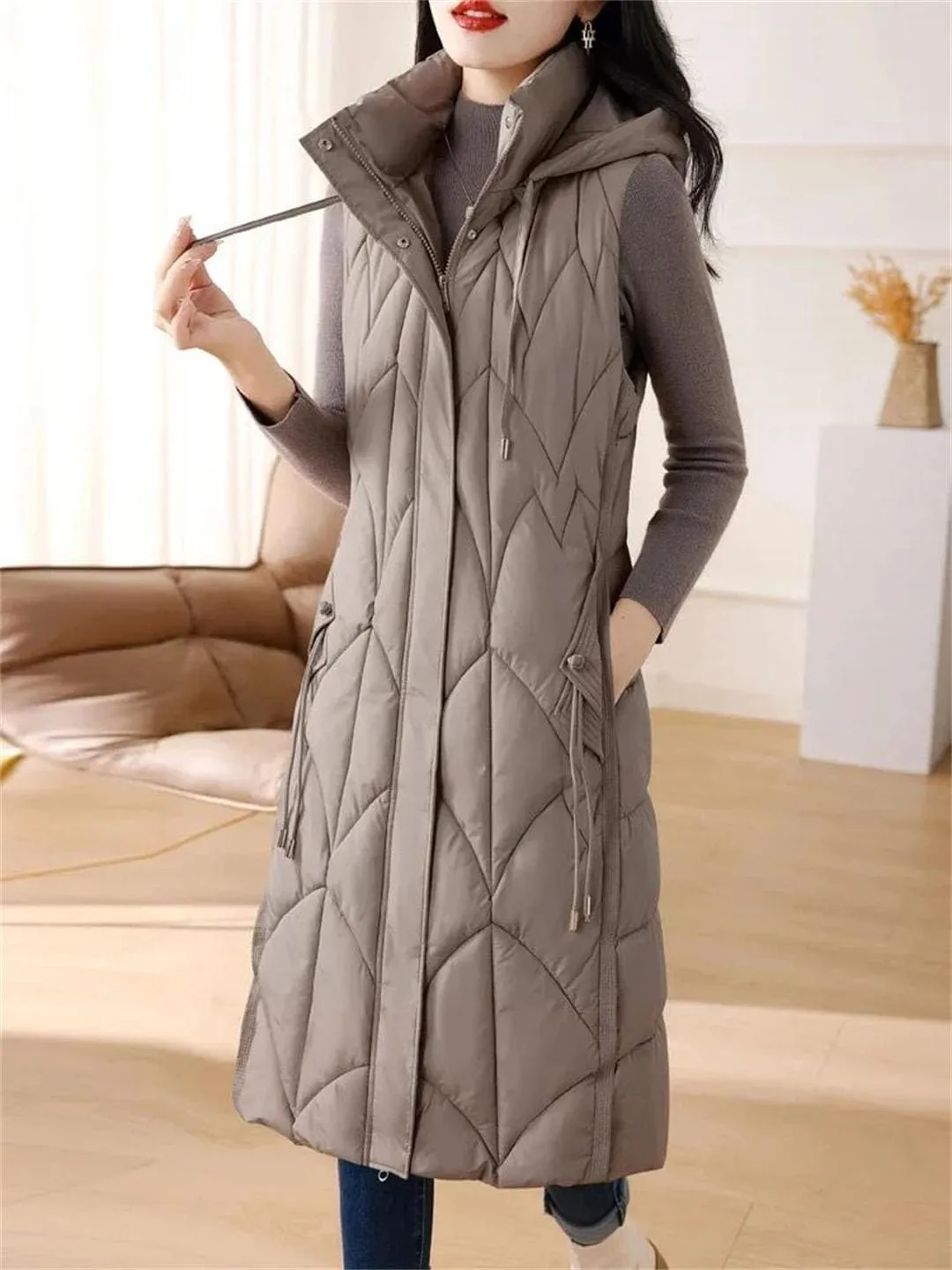 Women Down Cotton Vest Cotton-Padded Long Overcoat Hooded Waistcoat