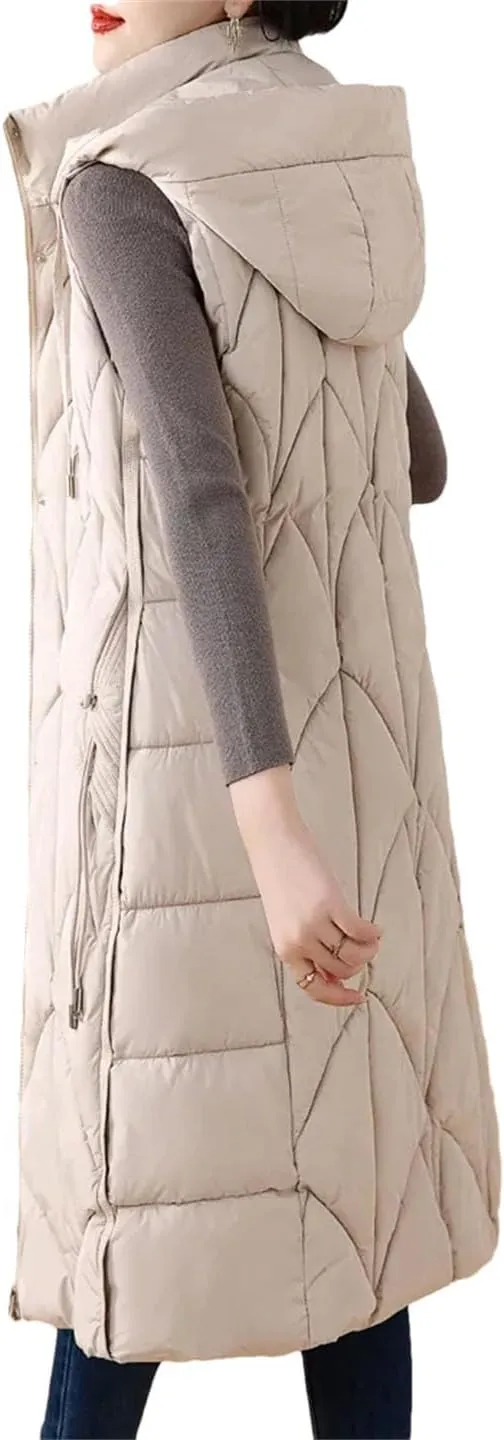 Women Down Cotton Vest Cotton-Padded Long Overcoat Hooded Waistcoat