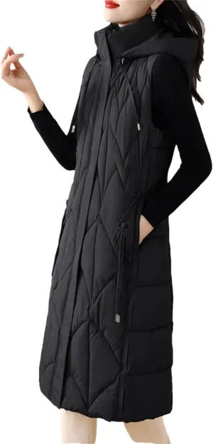 Women Down Cotton Vest Cotton-Padded Long Overcoat Hooded Waistcoat