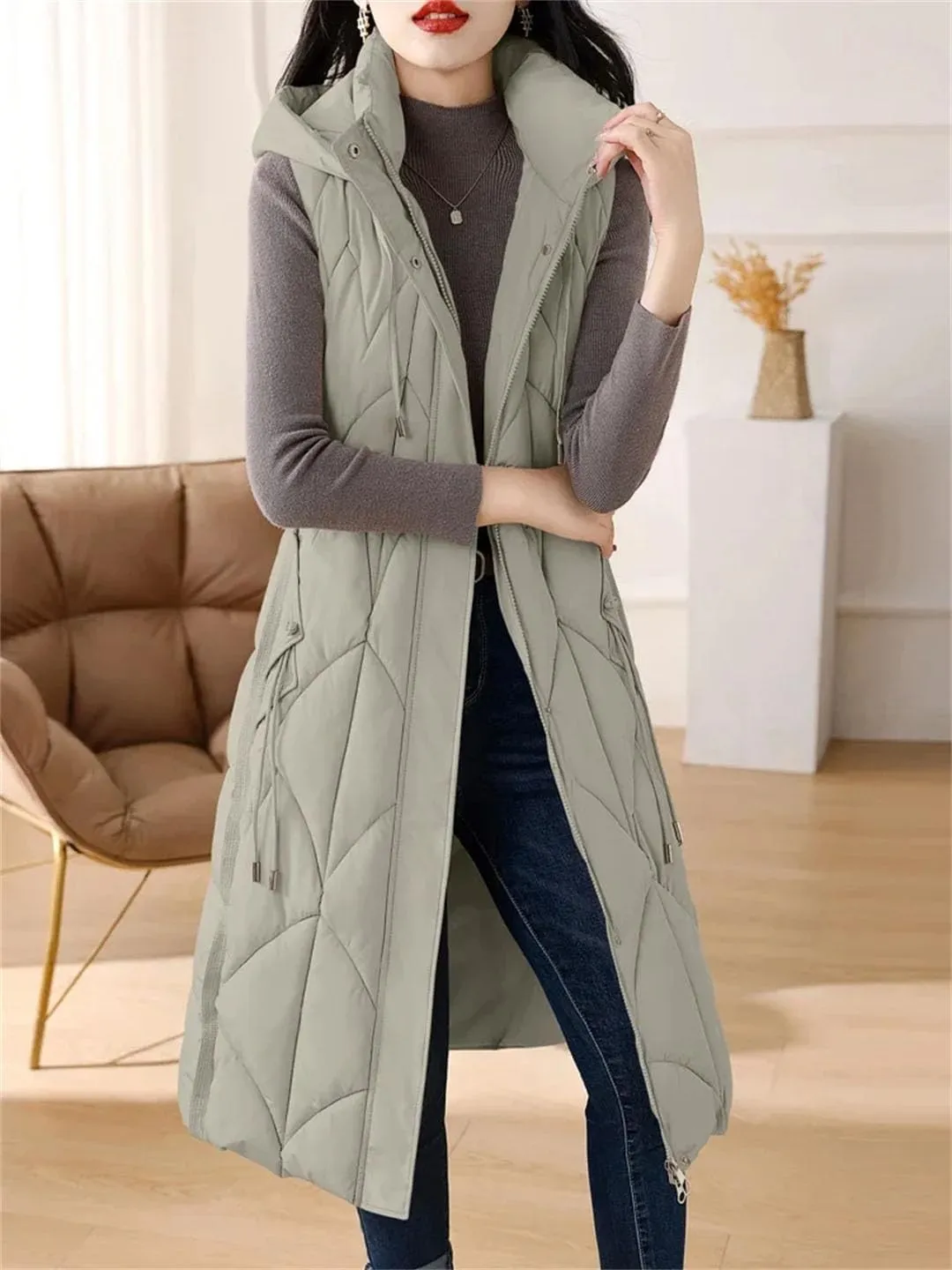 Women Down Cotton Vest Cotton-Padded Long Overcoat Hooded Waistcoat
