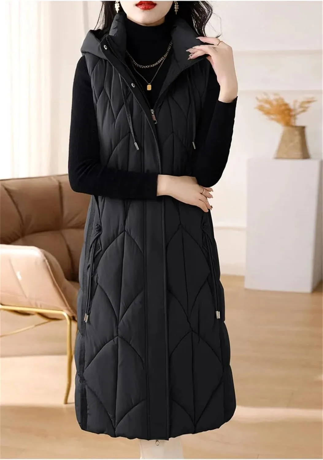 Women Down Cotton Vest Cotton-Padded Long Overcoat Hooded Waistcoat