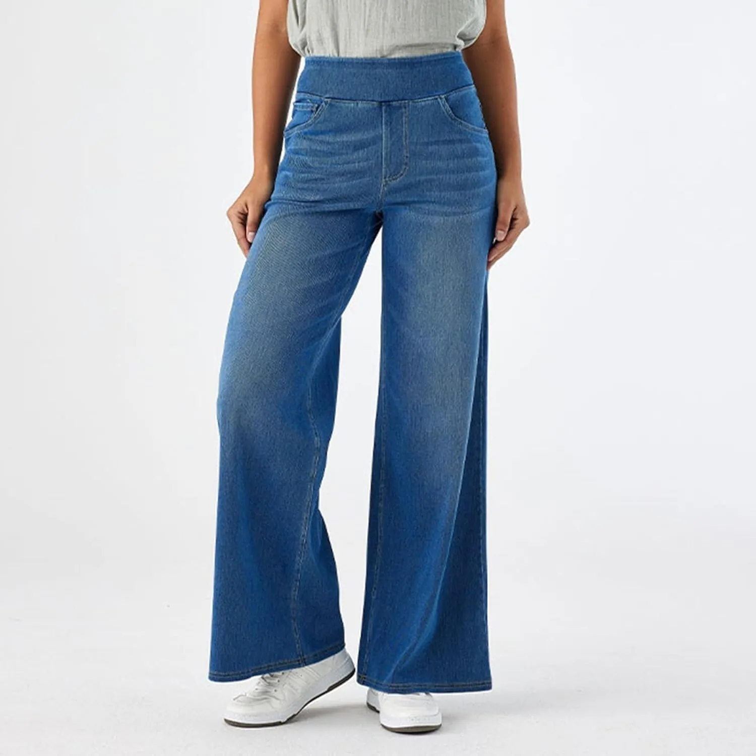 Women High Waisted Jeans Sweatpants That Look Like Jeans Stretchy Pull On Wide Leg Denim Pants with Pockets