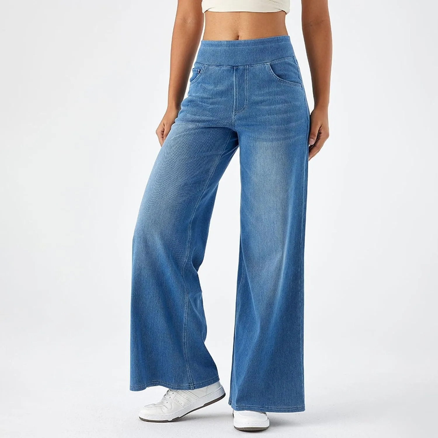 Women High Waisted Jeans Sweatpants That Look Like Jeans Stretchy Pull On Wide Leg Denim Pants with Pockets