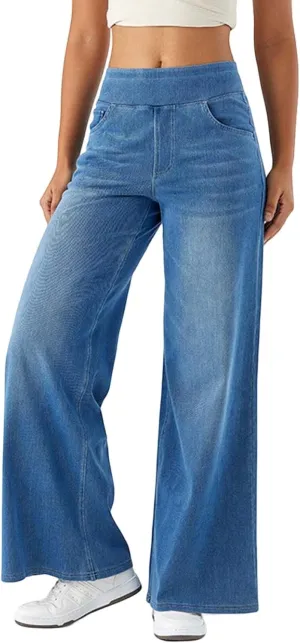 Women High Waisted Jeans Sweatpants That Look Like Jeans Stretchy Pull On Wide Leg Denim Pants with Pockets