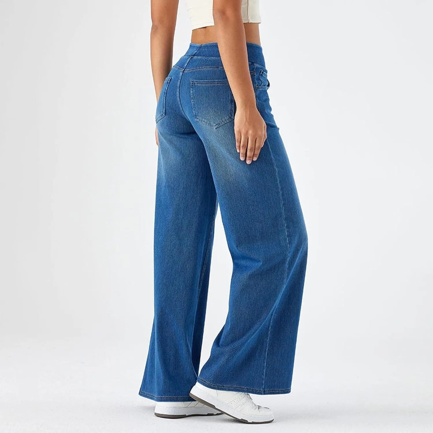 Women High Waisted Jeans Sweatpants That Look Like Jeans Stretchy Pull On Wide Leg Denim Pants with Pockets