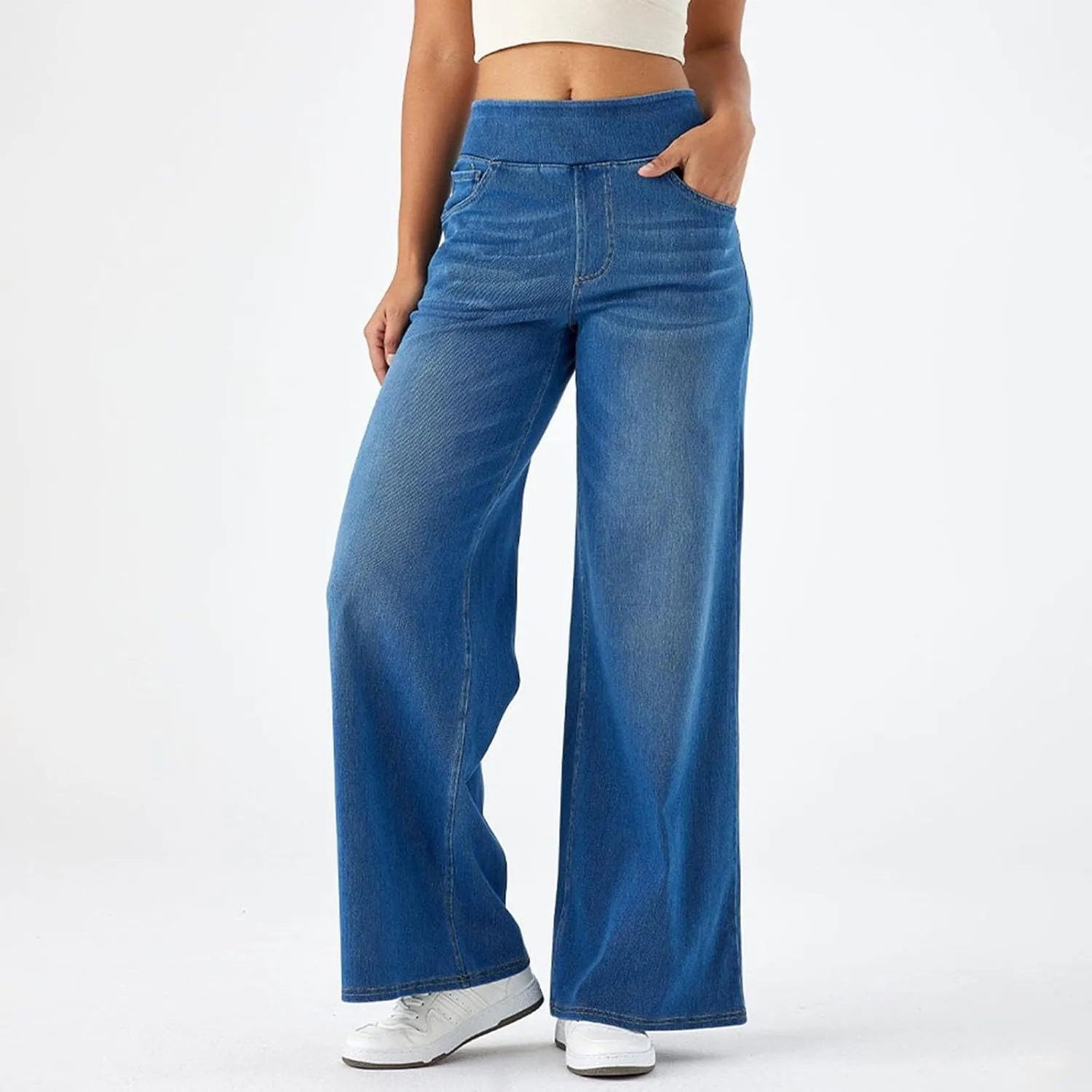 Women High Waisted Jeans Sweatpants That Look Like Jeans Stretchy Pull On Wide Leg Denim Pants with Pockets
