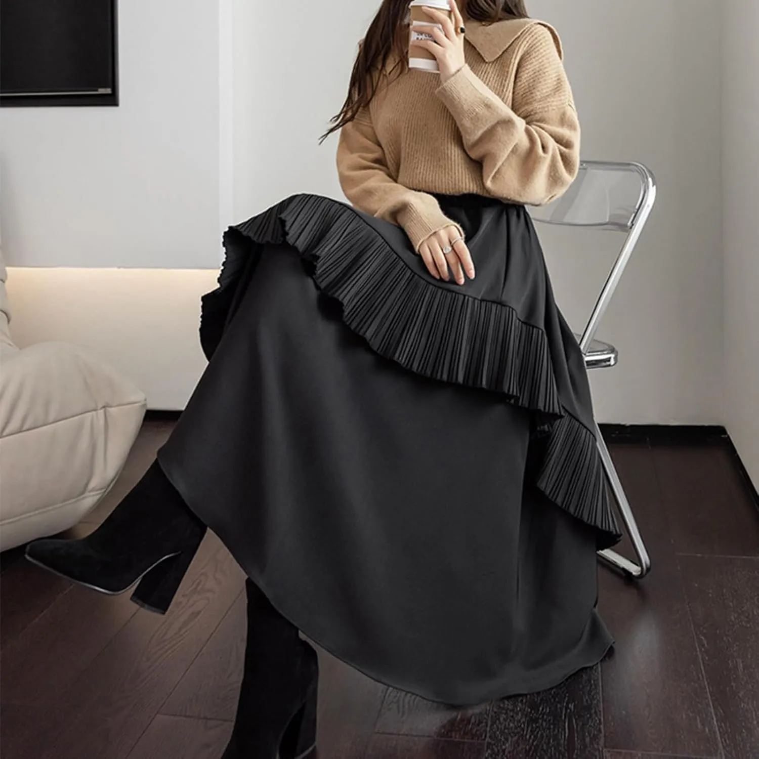 Women Pleated High Elastic Waist Skirt Ruffled A-Line Swing Skirt Midi Skirt Vintage Long Skirts