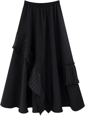 Women Pleated High Elastic Waist Skirt Ruffled A-Line Swing Skirt Midi Skirt Vintage Long Skirts