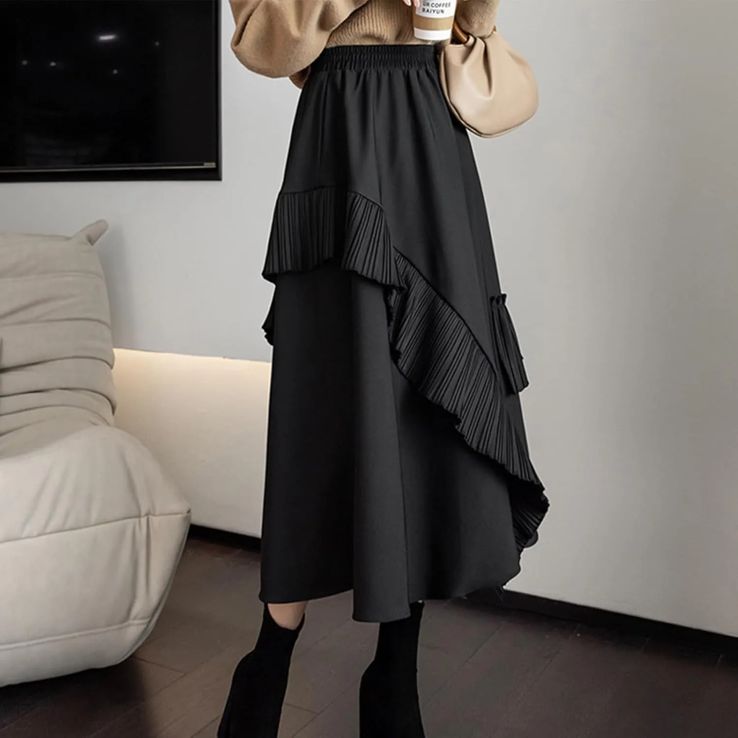 Women Pleated High Elastic Waist Skirt Ruffled A-Line Swing Skirt Midi Skirt Vintage Long Skirts