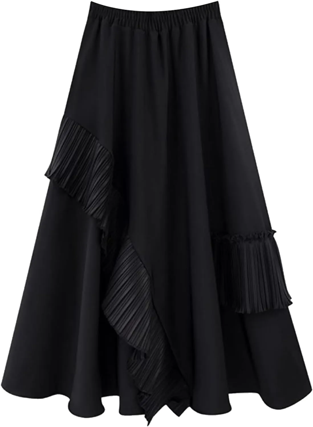 Women Pleated High Elastic Waist Skirt Ruffled A-Line Swing Skirt Midi Skirt Vintage Long Skirts