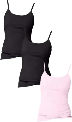 Women Stretch Cotton Cami with Built-in Shelf Bra 3 Pack