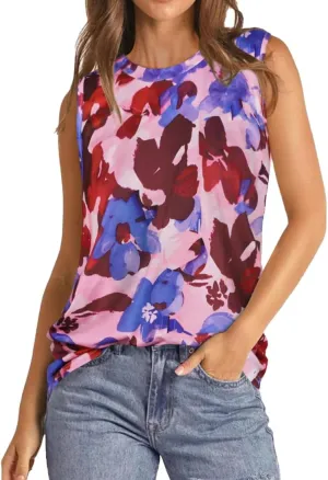 Women Summer Tops Sleeveless Tank Floral Casual Cute Loose Fit Cute T-Shirt Tunic