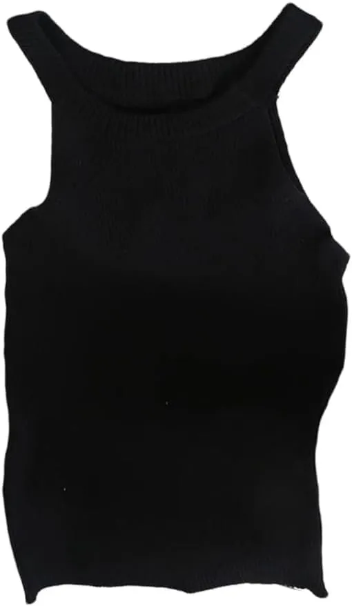Women Tank Top Knit Shoulder Round Neck T-Shirt Women Solid Halters Camisole