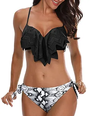 Women Two Piece Swimsuit Push Up Underwire Low Rise Bikini Sets-Black And White Snake Print