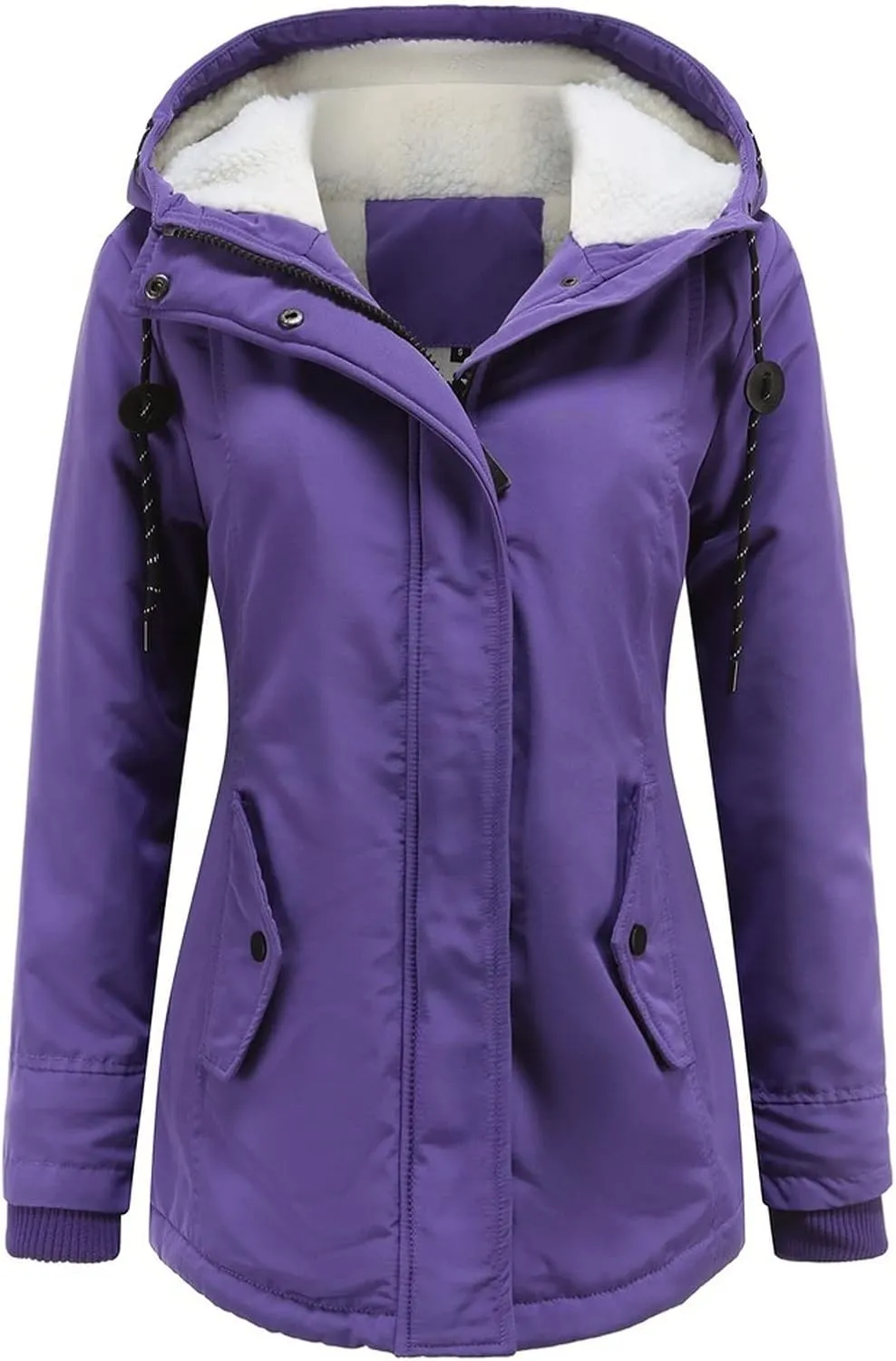 Women Winter Fleece Lined Jacket Hooded Thicken Warm Parka Padded Short Down Coat with Pocket Sherpa Cotton Outerwear