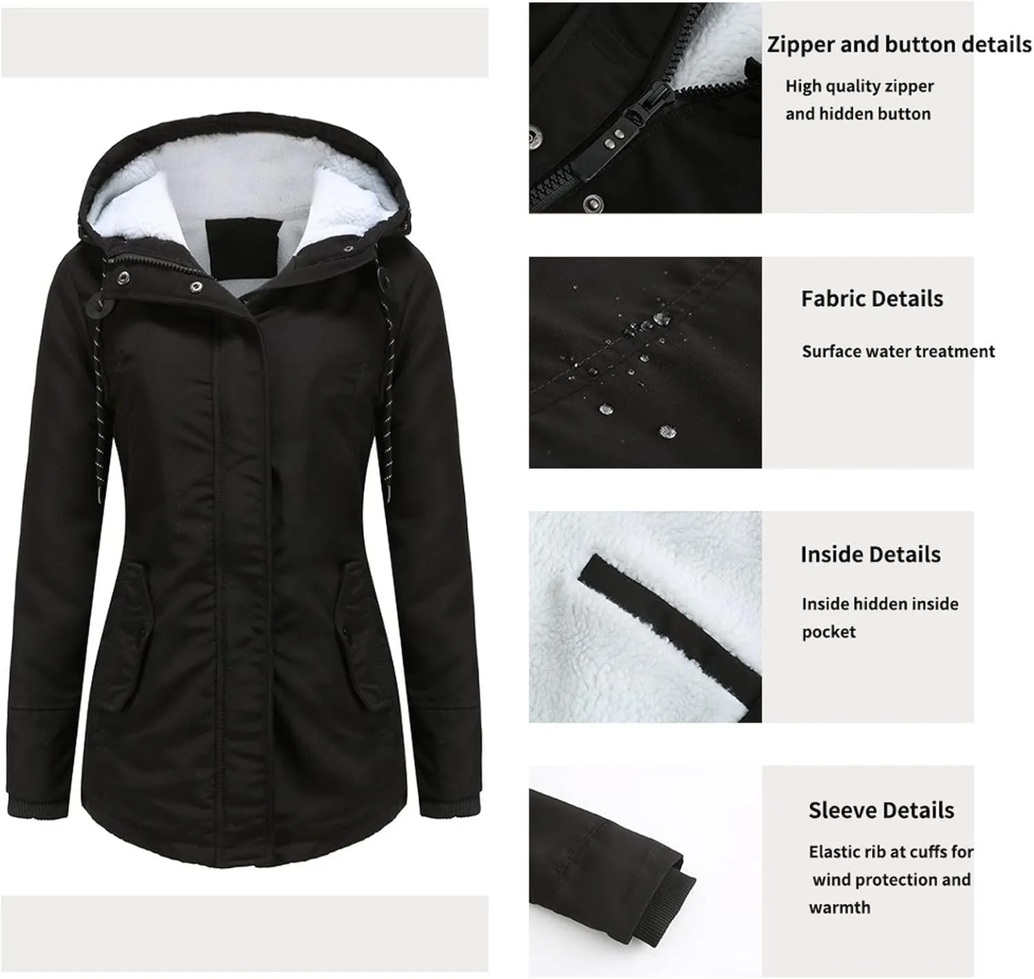 Women Winter Fleece Lined Jacket Hooded Thicken Warm Parka Padded Short Down Coat with Pocket Sherpa Cotton Outerwear