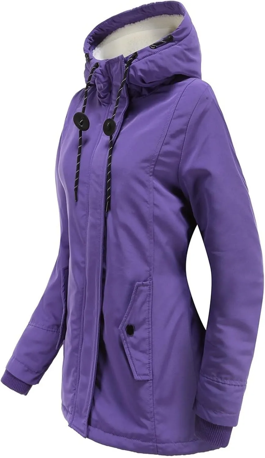 Women Winter Fleece Lined Jacket Hooded Thicken Warm Parka Padded Short Down Coat with Pocket Sherpa Cotton Outerwear