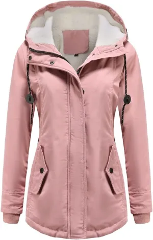 Women Winter Fleece Lined Jacket Hooded Thicken Warm Parka Padded Short Down Coat with Pocket Sherpa Cotton Outerwear