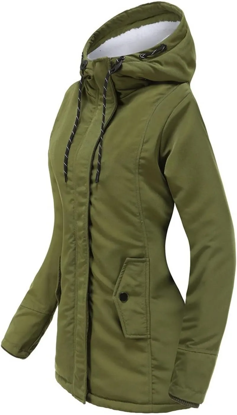 Women Winter Fleece Lined Jacket Hooded Thicken Warm Parka Padded Short Down Coat with Pocket Sherpa Cotton Outerwear