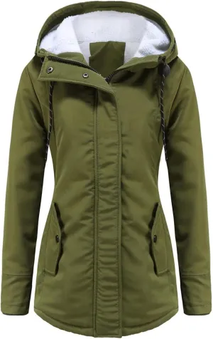 Women Winter Fleece Lined Jacket Hooded Thicken Warm Parka Padded Short Down Coat with Pocket Sherpa Cotton Outerwear
