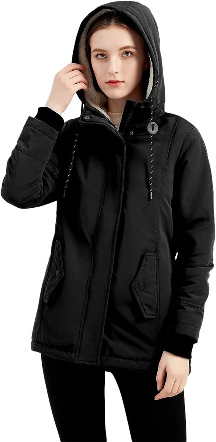 Women Winter Fleece Lined Jacket Hooded Thicken Warm Parka Padded Short Down Coat with Pocket Sherpa Cotton Outerwear