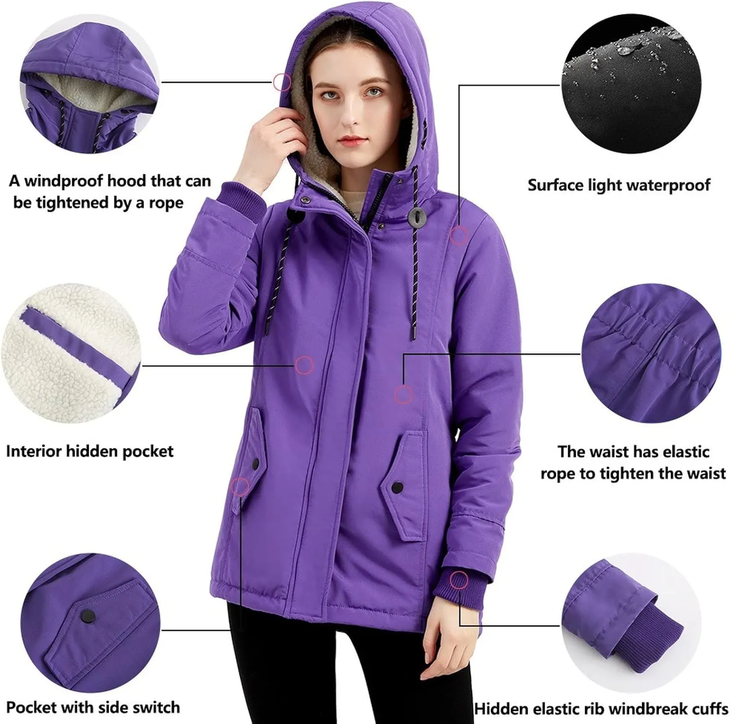 Women Winter Fleece Lined Jacket Hooded Thicken Warm Parka Padded Short Down Coat with Pocket Sherpa Cotton Outerwear