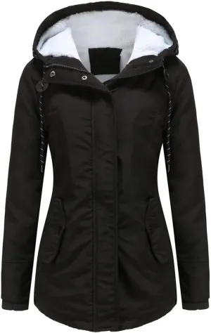 Women Winter Fleece Lined Jacket Hooded Thicken Warm Parka Padded Short Down Coat with Pocket Sherpa Cotton Outerwear
