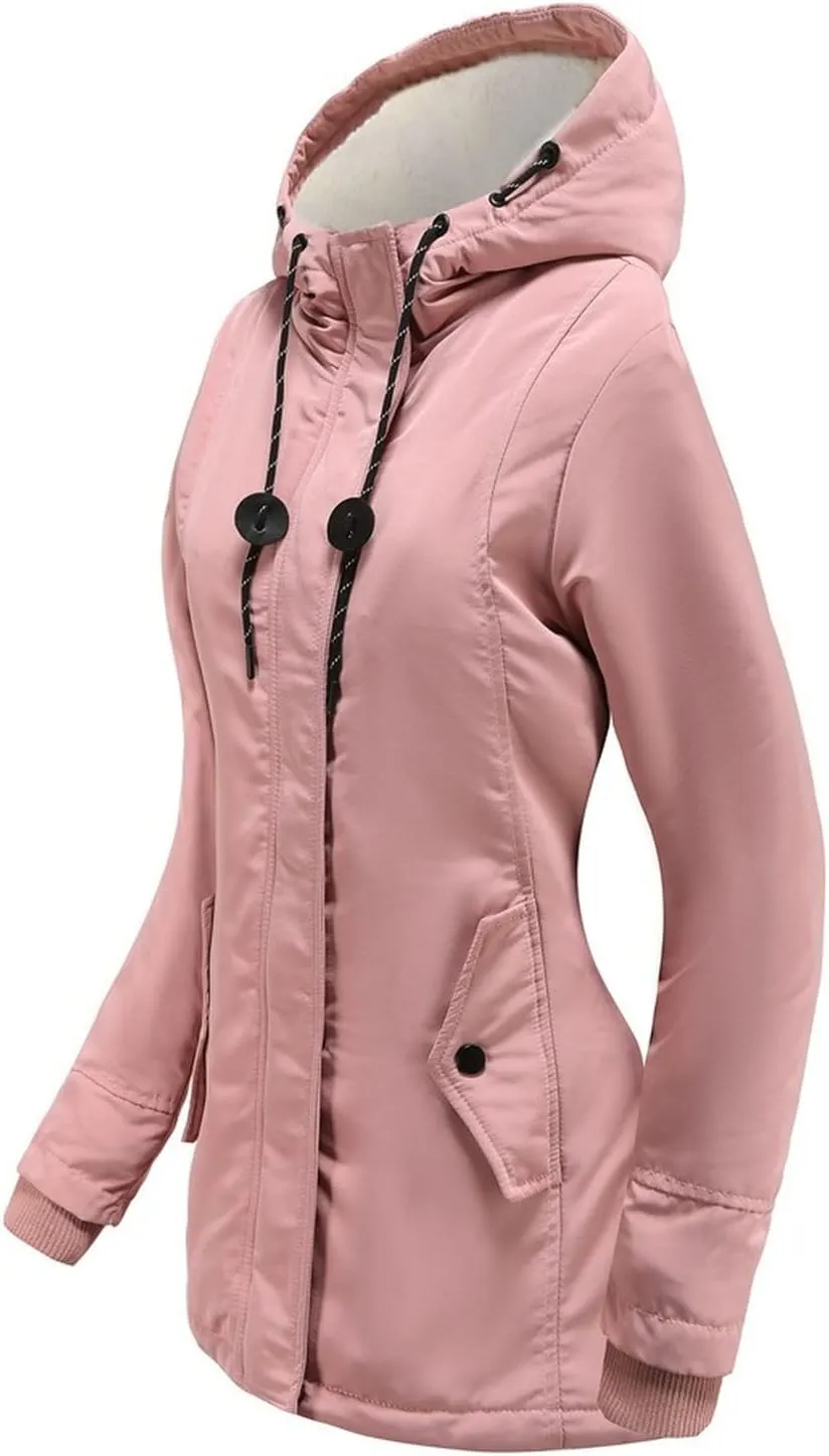 Women Winter Fleece Lined Jacket Hooded Thicken Warm Parka Padded Short Down Coat with Pocket Sherpa Cotton Outerwear