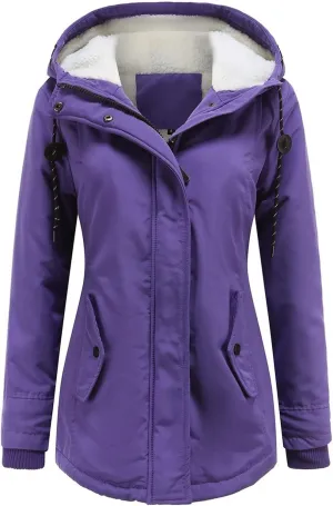 Women Winter Fleece Lined Jacket Hooded Thicken Warm Parka Padded Short Down Coat with Pocket Sherpa Cotton Outerwear