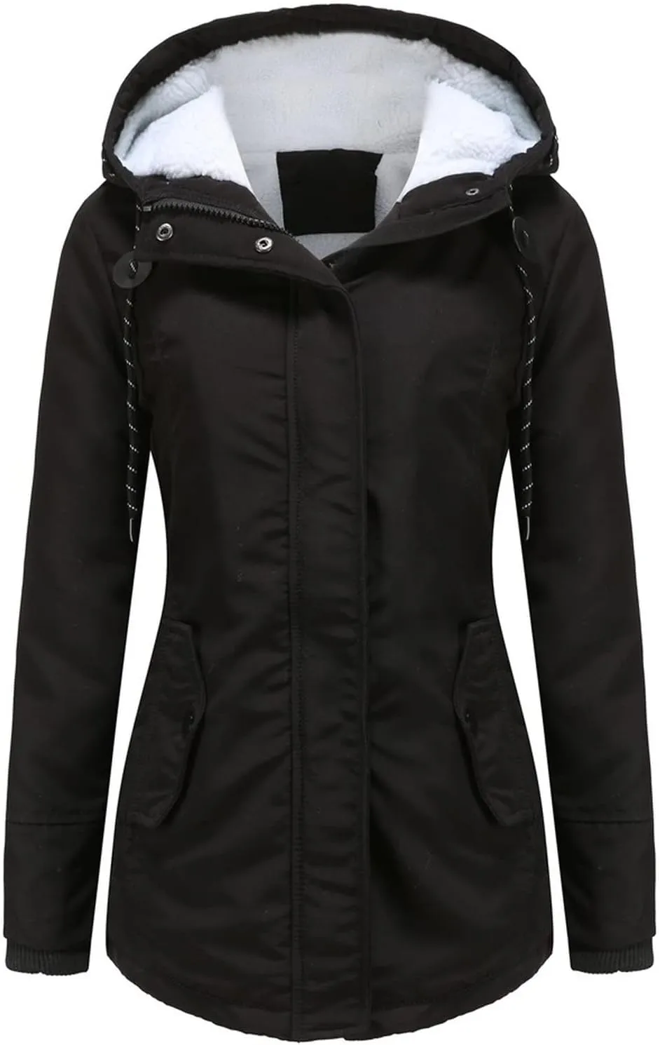 Women Winter Fleece Lined Jacket Hooded Thicken Warm Parka Padded Short Down Coat with Pocket Sherpa Cotton Outerwear