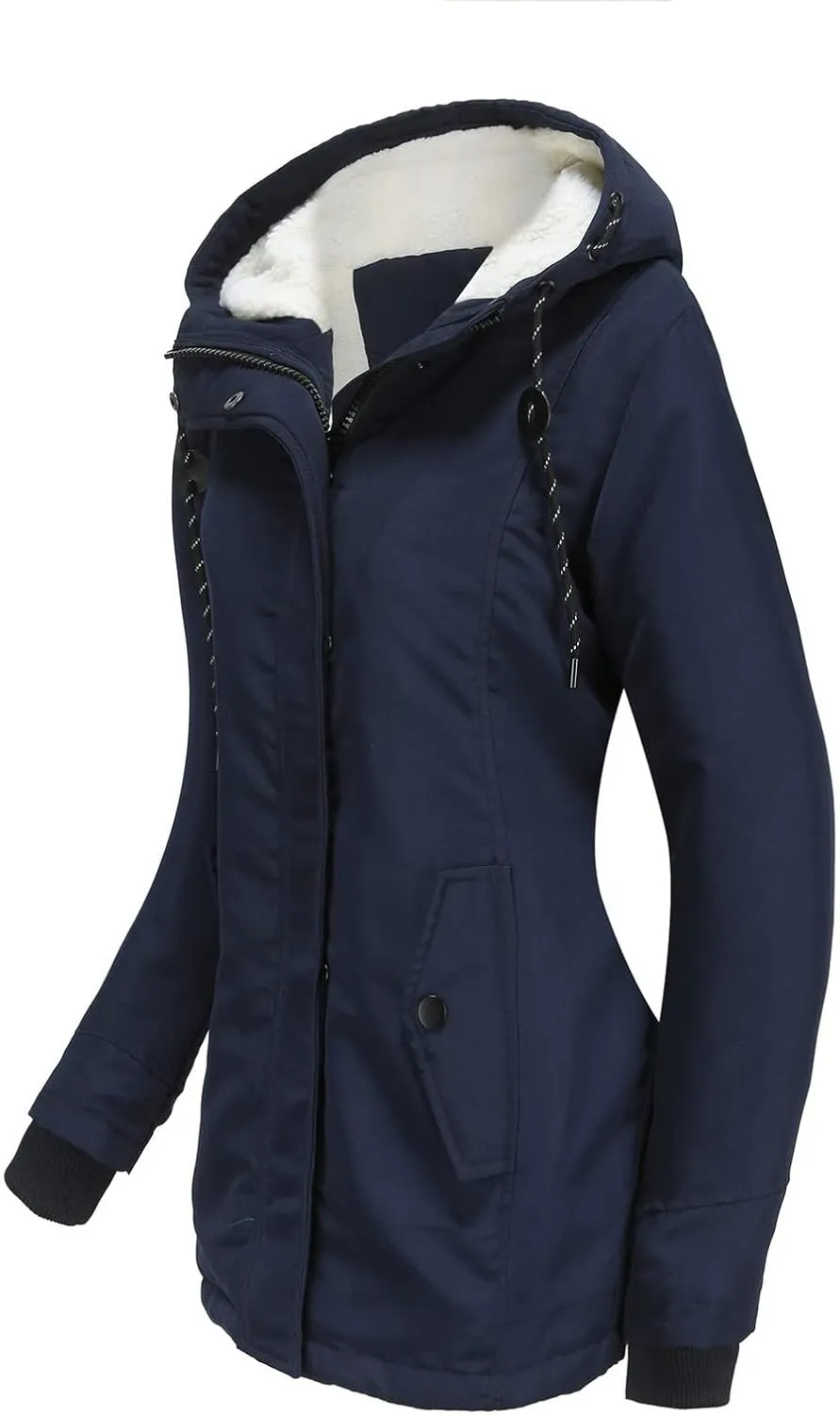 Women Winter Fleece Lined Jacket Hooded Thicken Warm Parka Padded Short Down Coat with Pocket Sherpa Cotton Outerwear