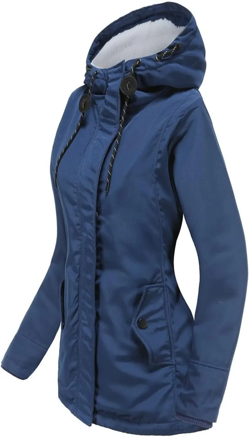 Women Winter Fleece Lined Jacket Hooded Thicken Warm Parka Padded Short Down Coat with Pocket Sherpa Cotton Outerwear